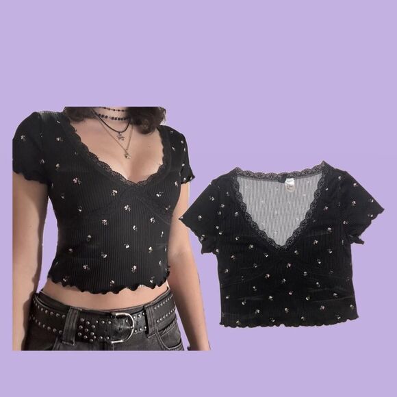 Source Unknown Tops - Floral Lace Trim Crop Top